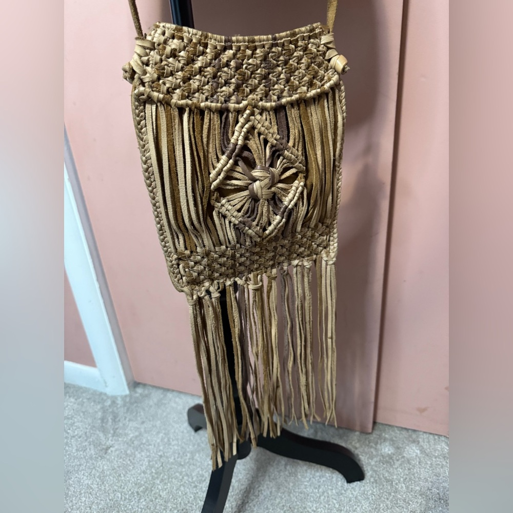 Handcrafted Tan macramé Lucky Brand Fringe Bag